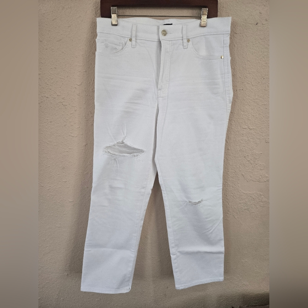 Express Straight Ankle High Rise Distressed Jeans, White, Size 10R
